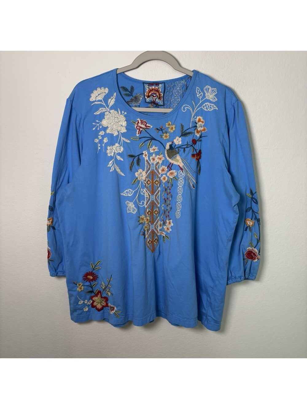 Johnny Was Ellia Bright Blue Heavily Embroidered Puff Sleeve Top Size XL Boho